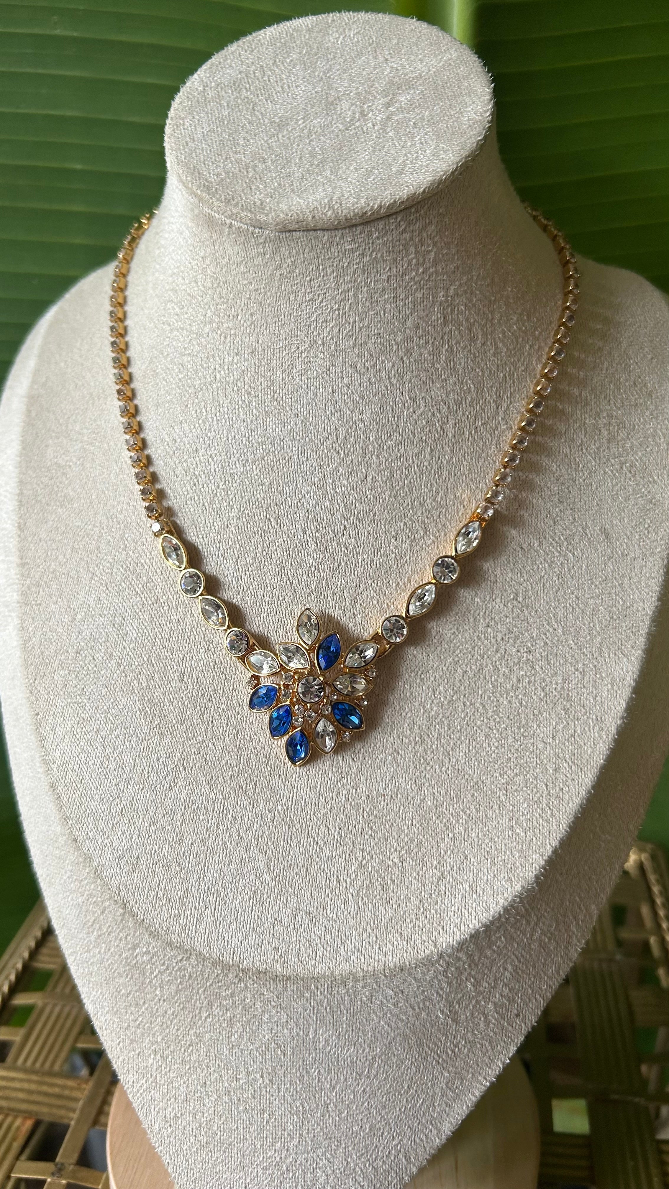 MONET 90s Vintage Statement Necklace – Gold-Tone Chain with Sapphire Blue Rhinestones
