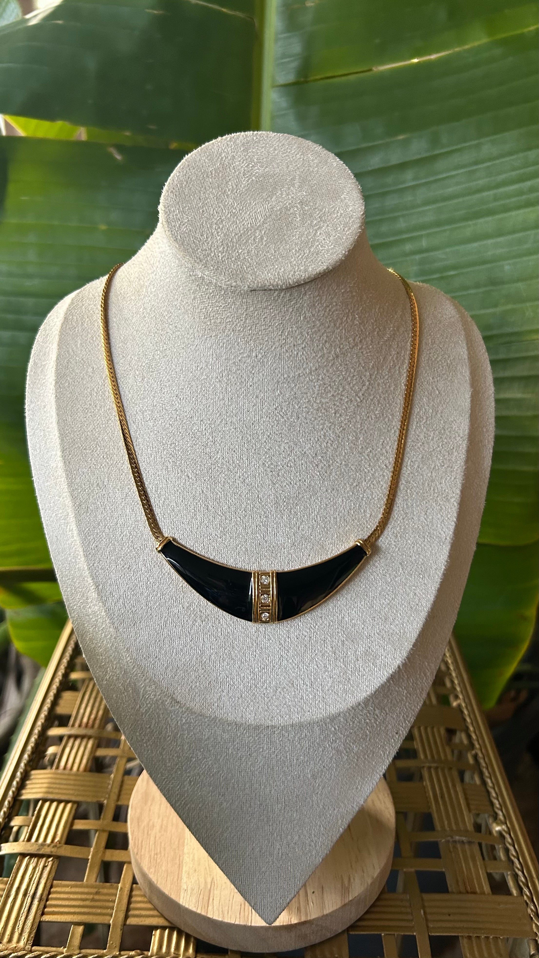 90s vintage black gold enamel rhinestone necklace