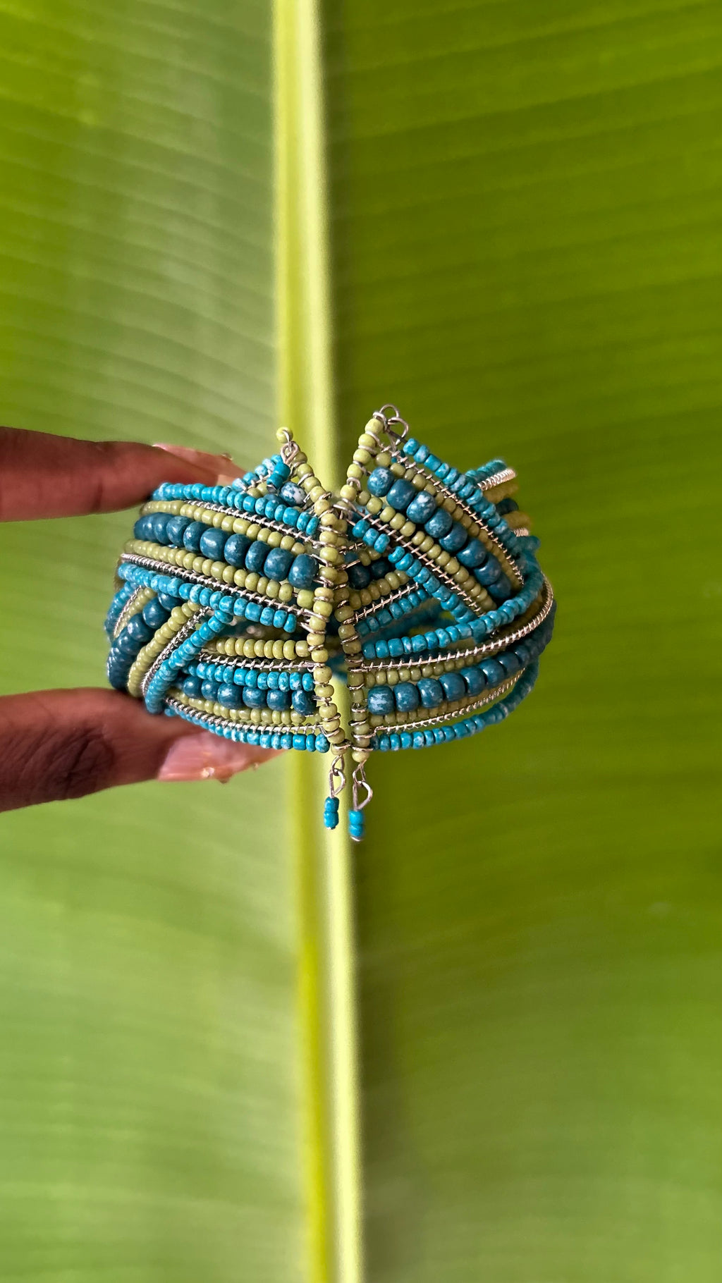 Blue green beaded cuff