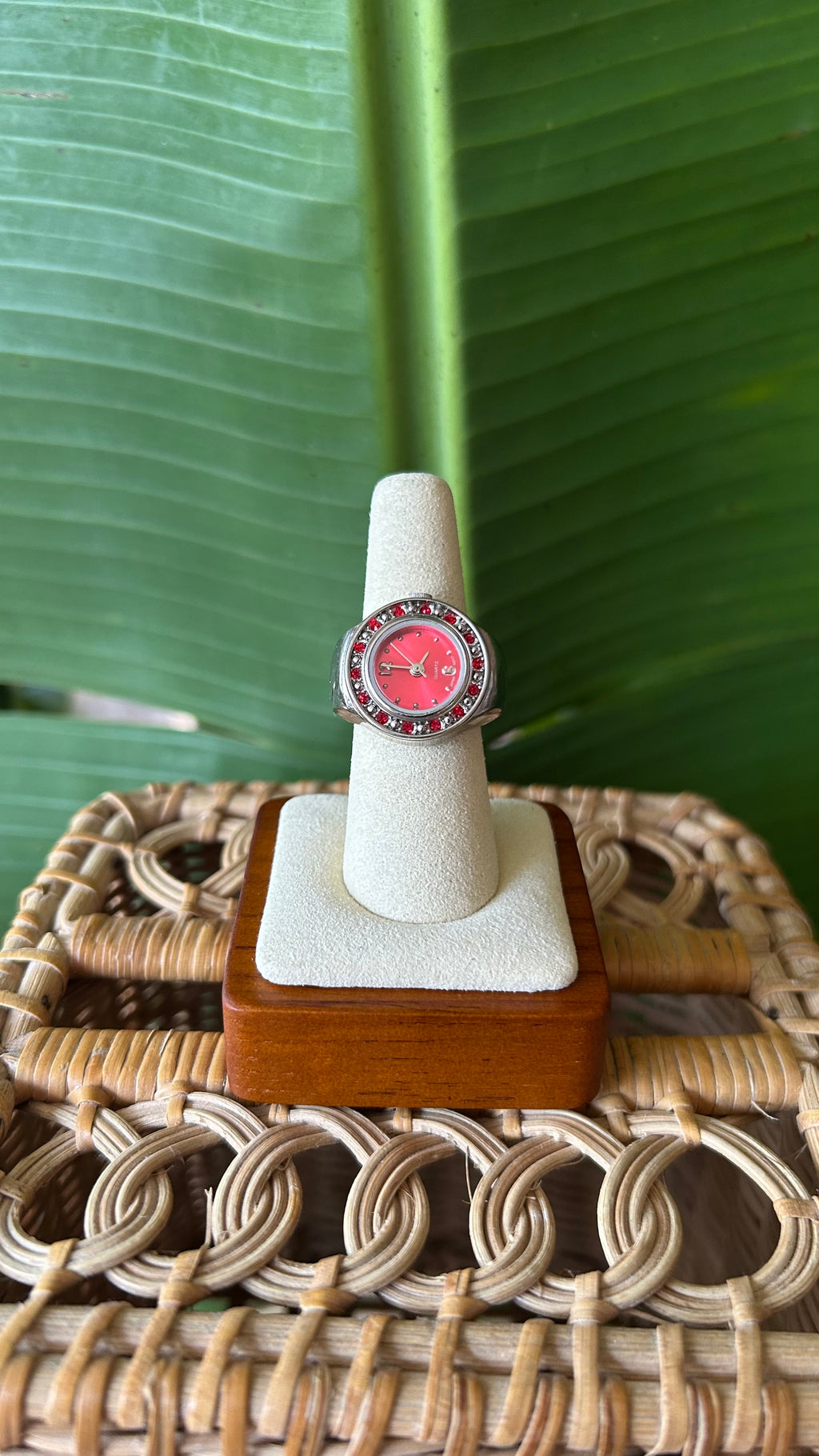 Red crystal watch silver ring