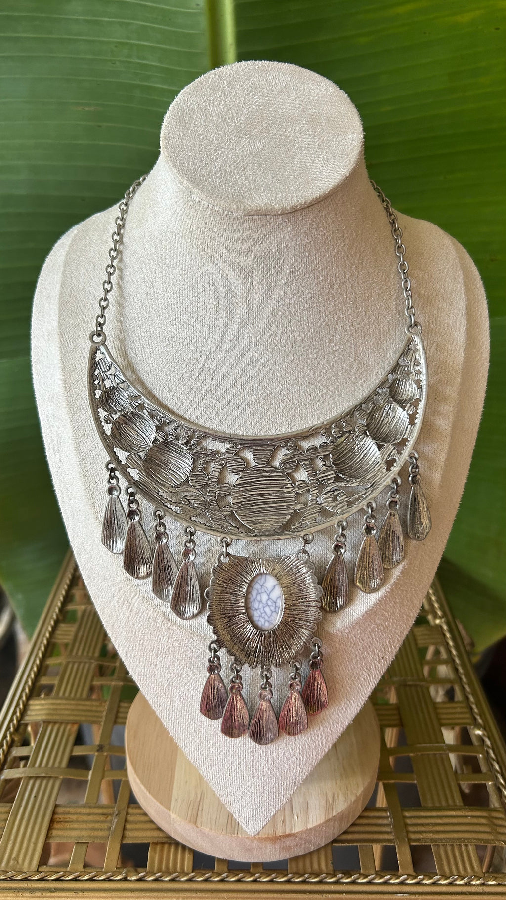 Bohemian Silver Bib Necklace with Fringe Drops