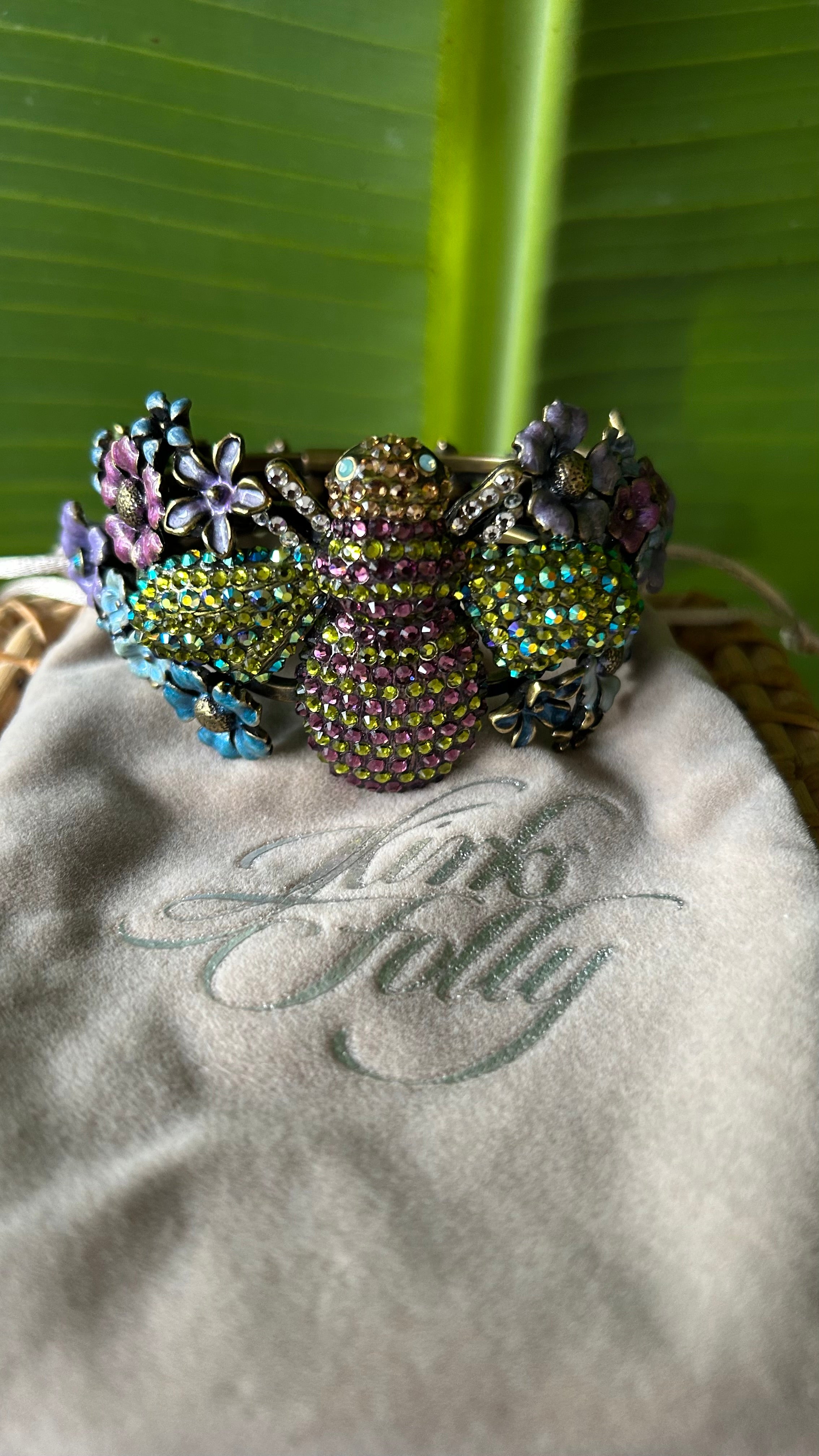 Kirks Folly Bee Cuff Bracelet Crystal Rhinestone Enamel Flowers