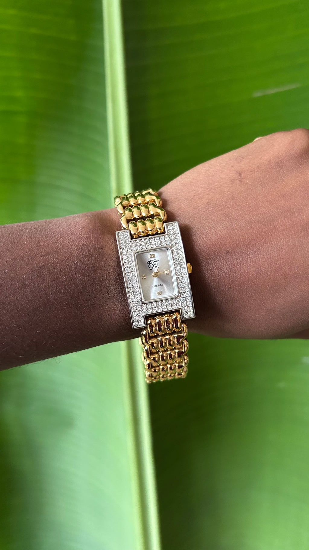EJ Gold rhinestone White Quartz Watch