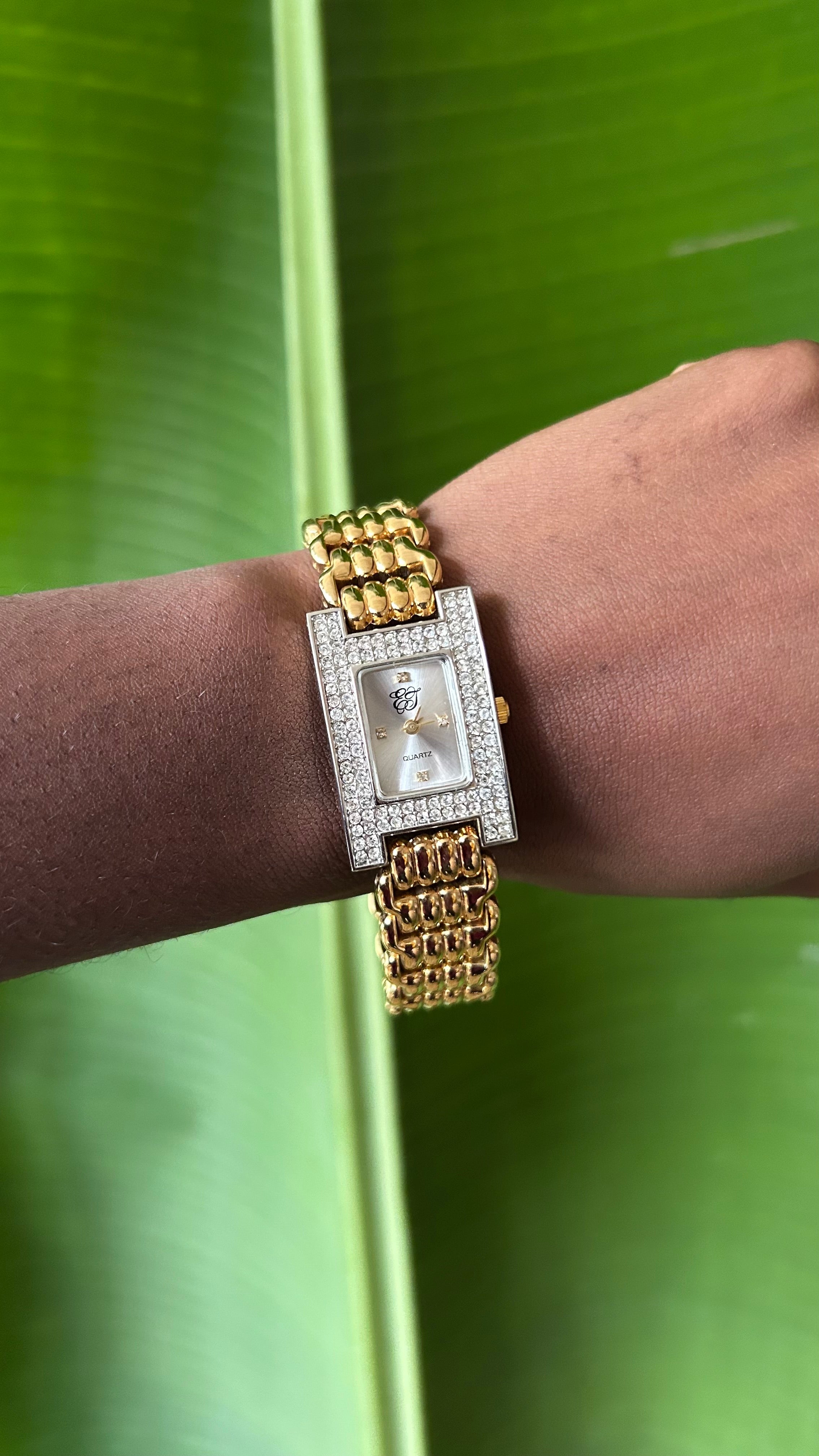 EJ Gold rhinestone White Quartz Watch