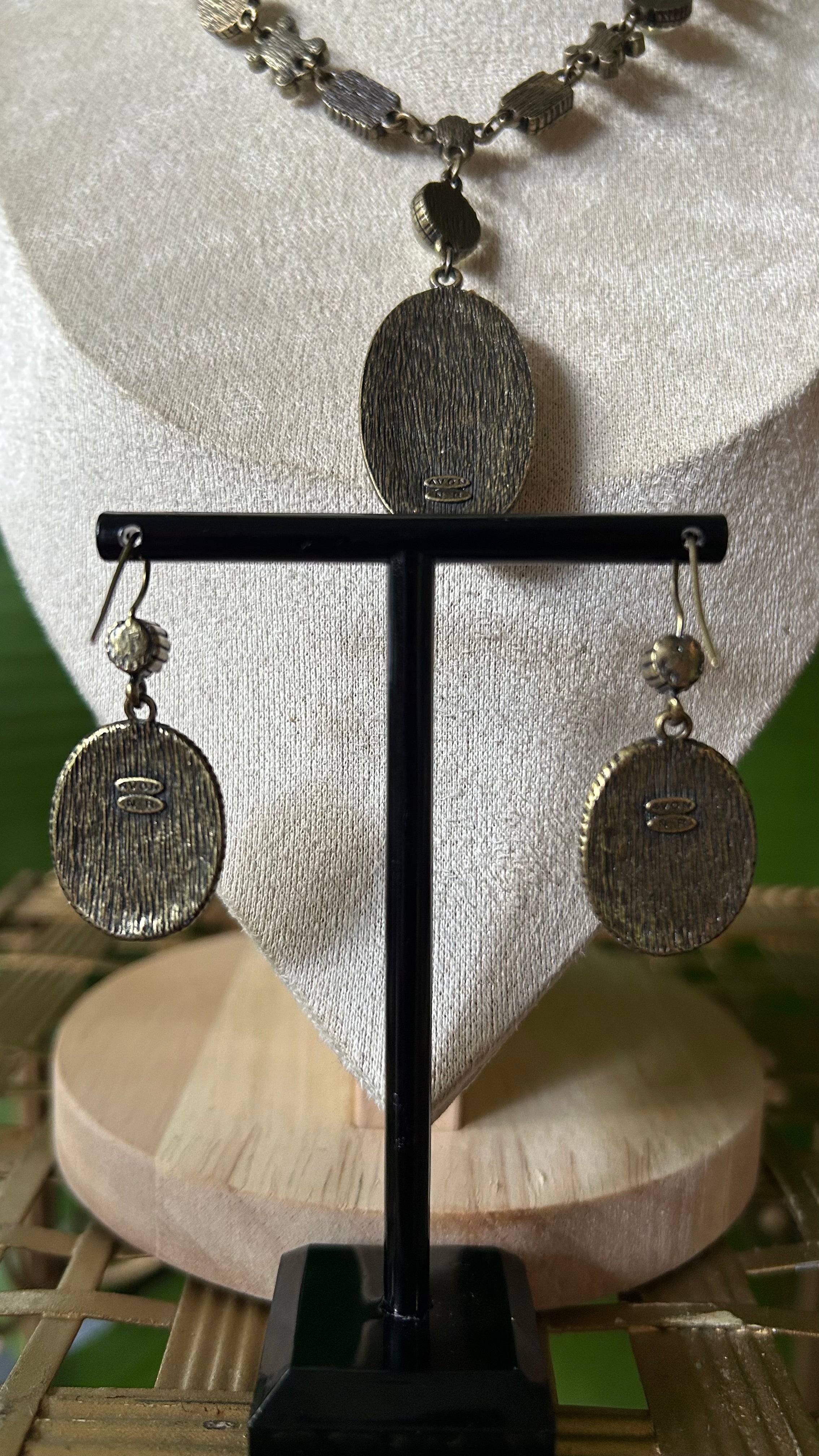 Signed AVON Bronze Tone Metal, White Stones, AB Crystals Necklace earring set