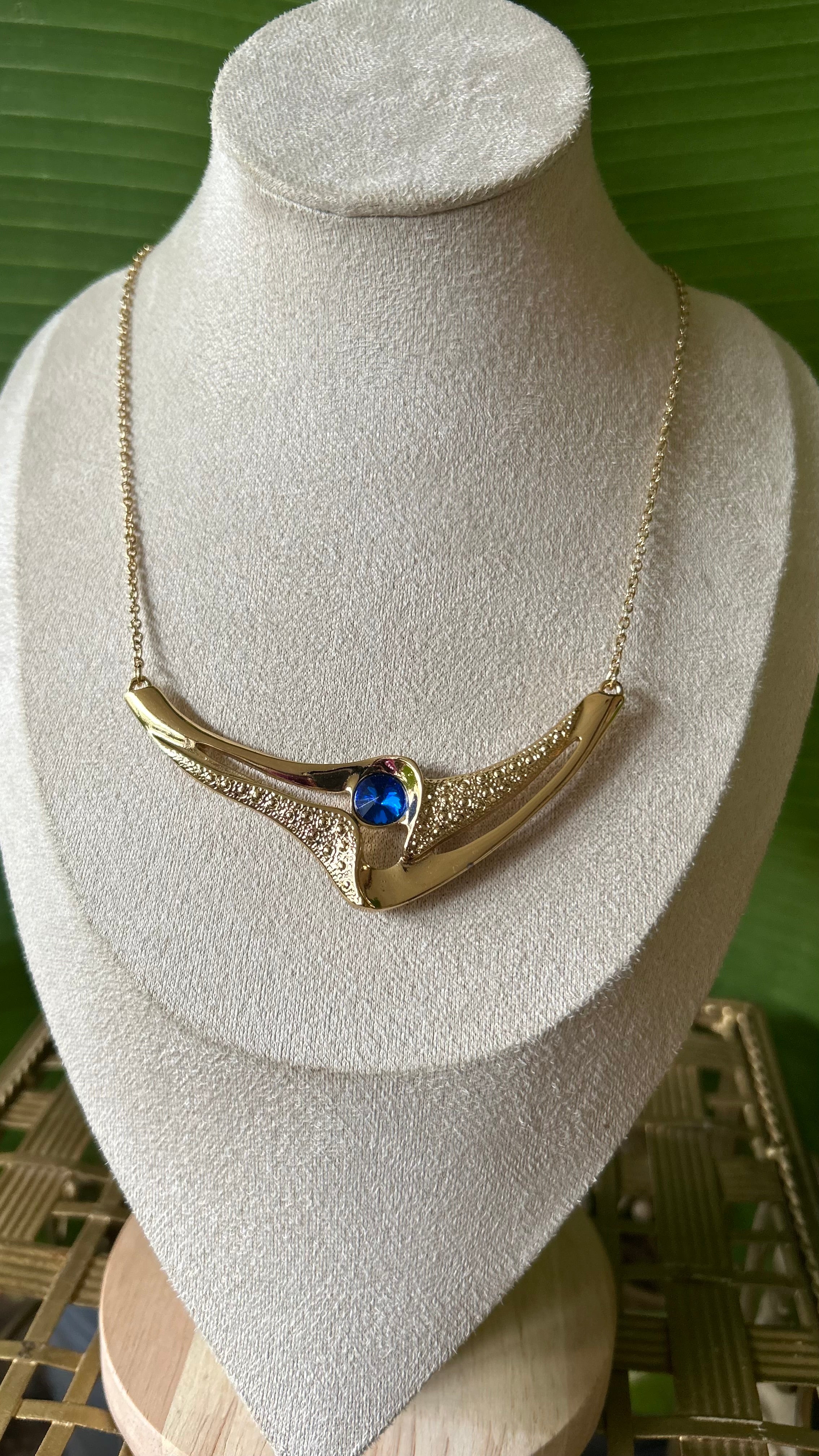 80s Vintage Gold Sculptural Necklace with Sapphire-Blue Accent