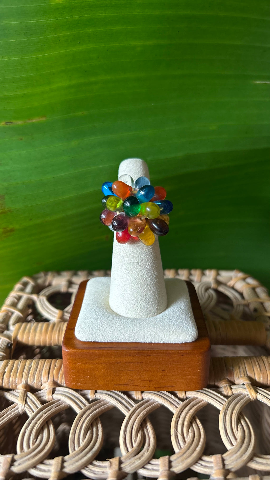 Glass beaded rainbow knit ring