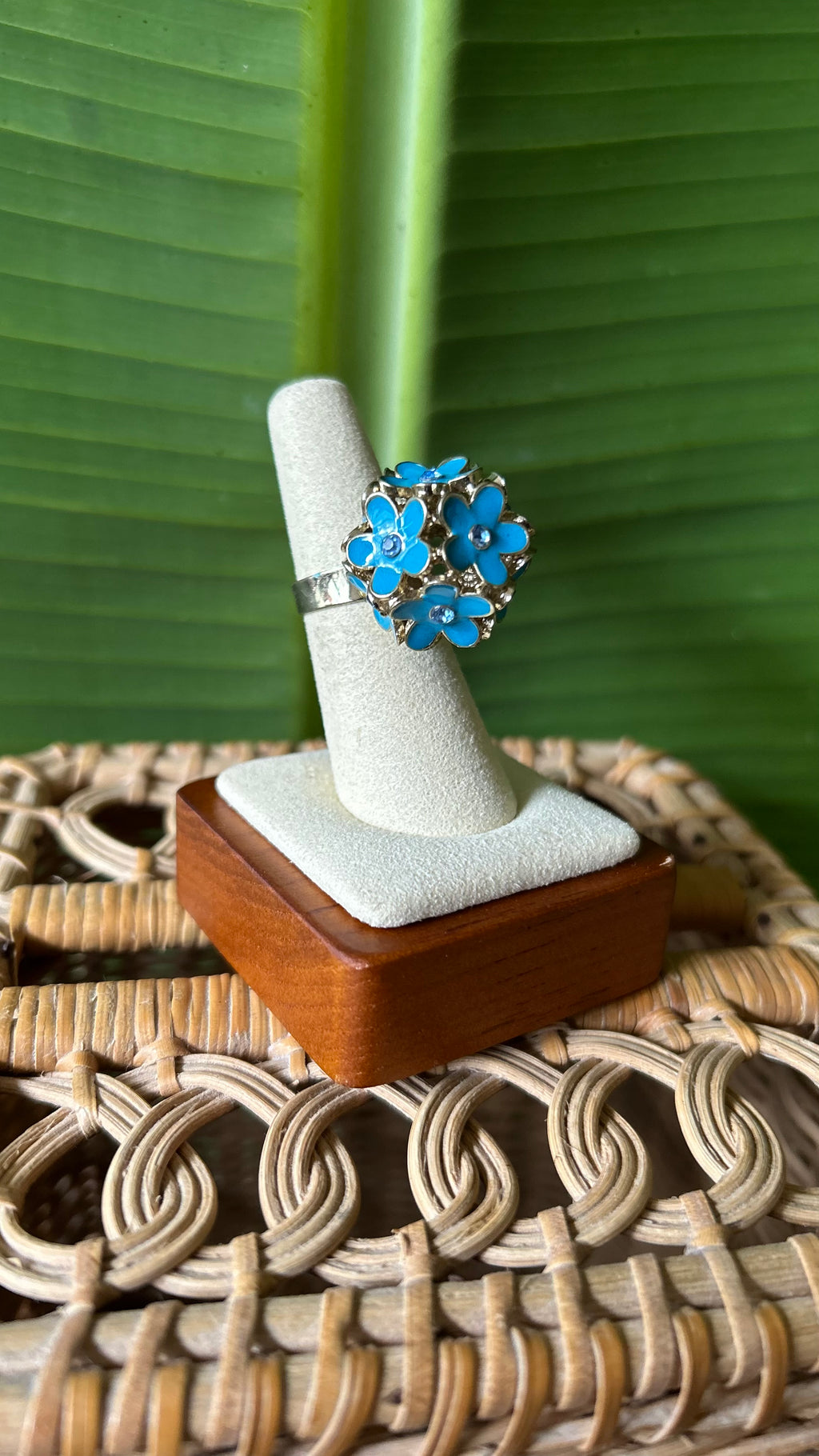 Blue floral adjustable ring