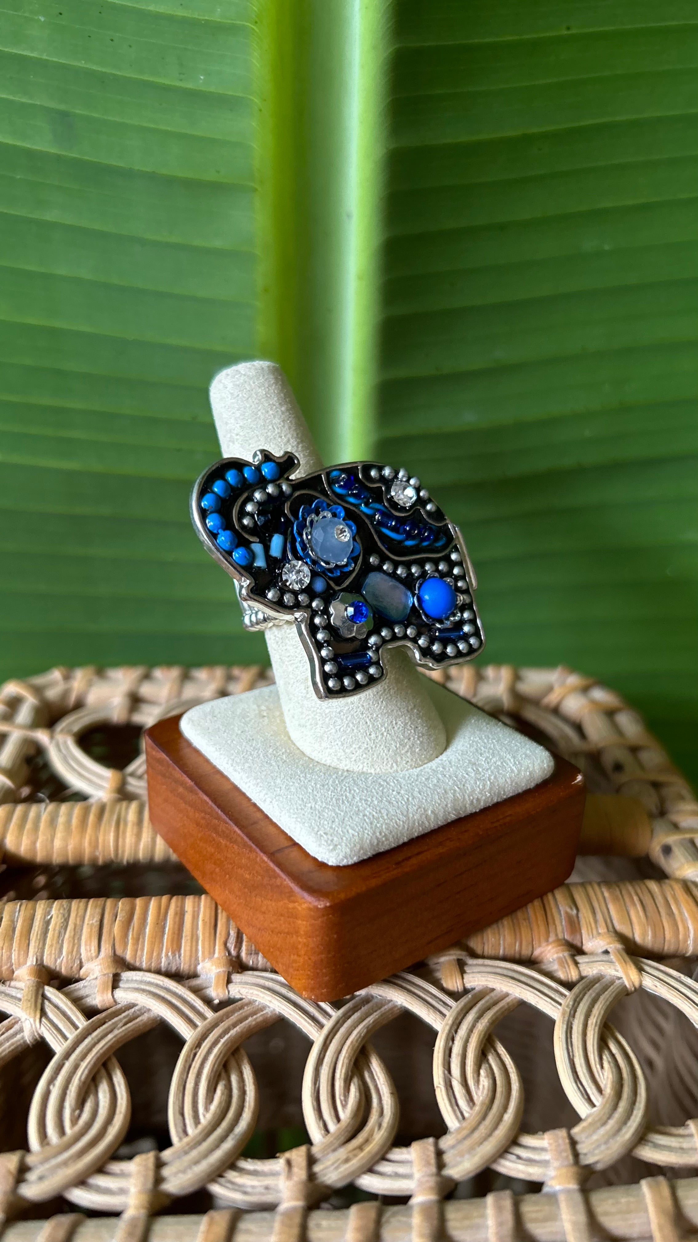 Beaded Blue Elephant stretch Ring