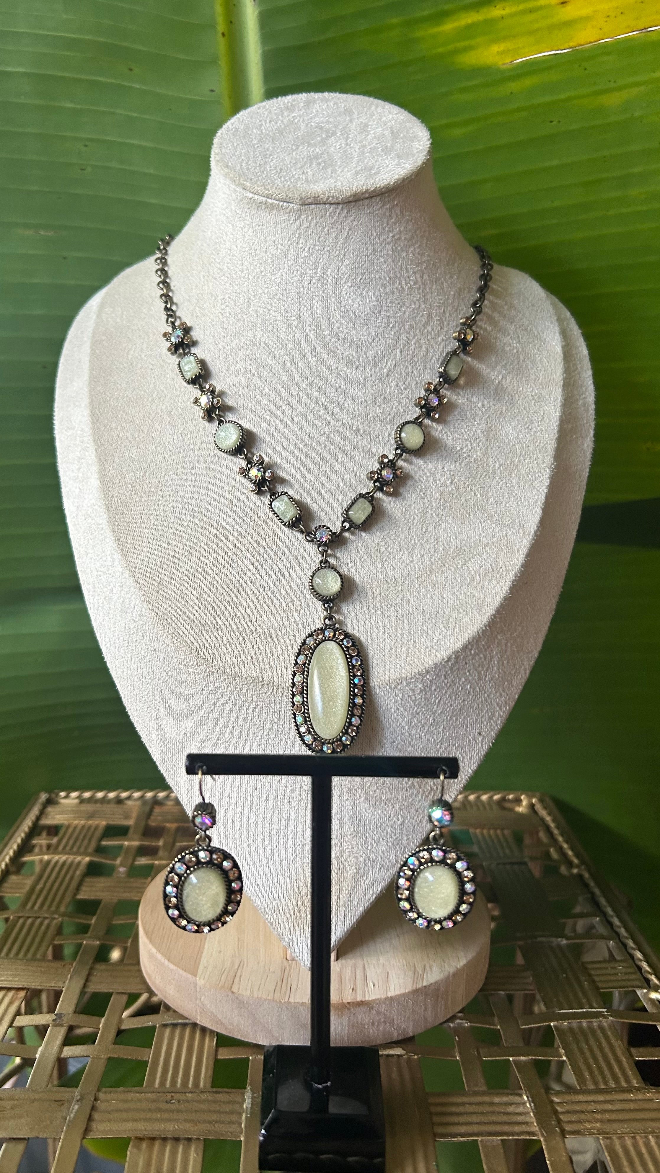 Signed AVON Bronze Tone Metal, White Stones, AB Crystals Necklace earring set