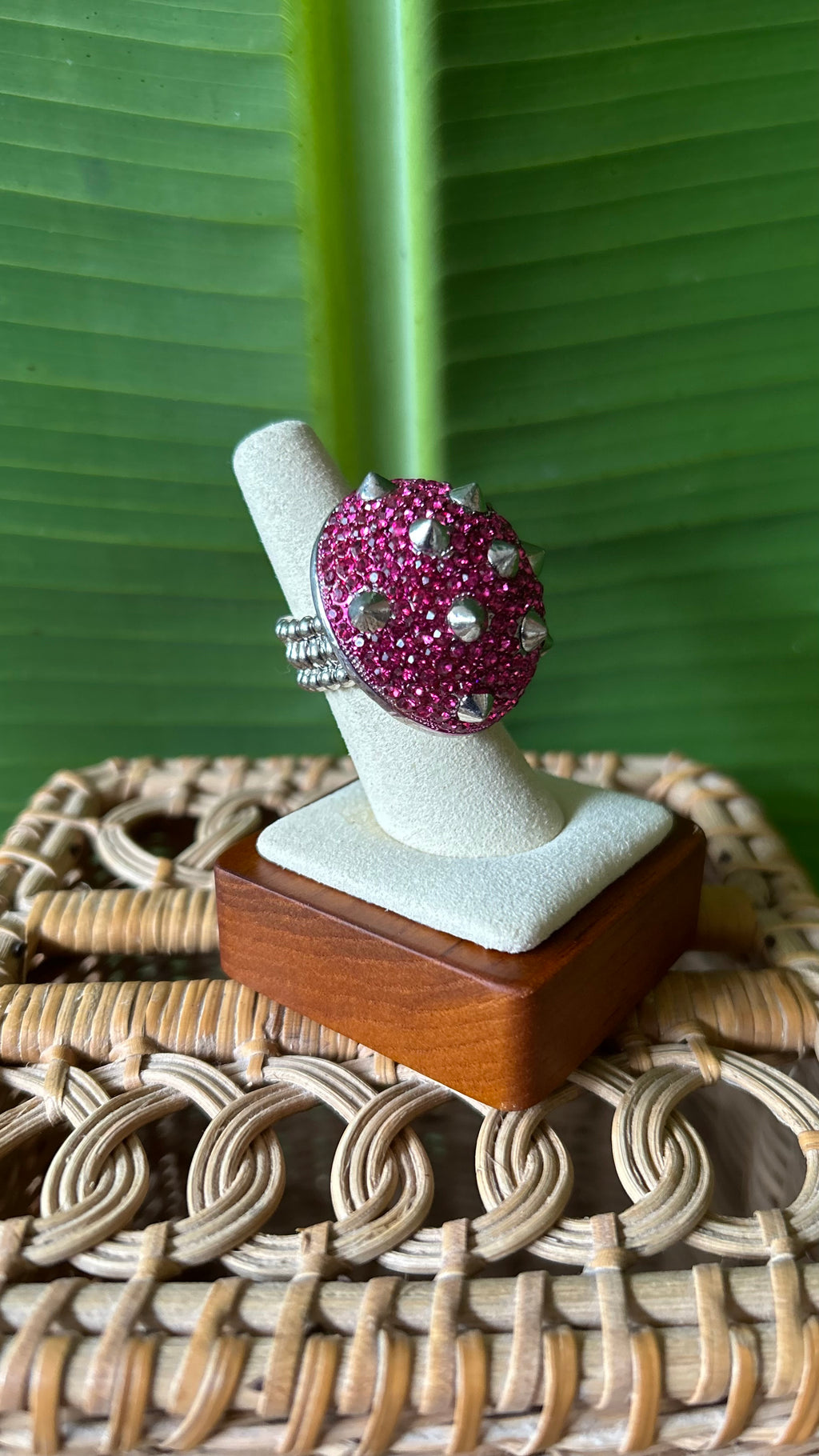 Pink Spike rhinestone ball stretch ring