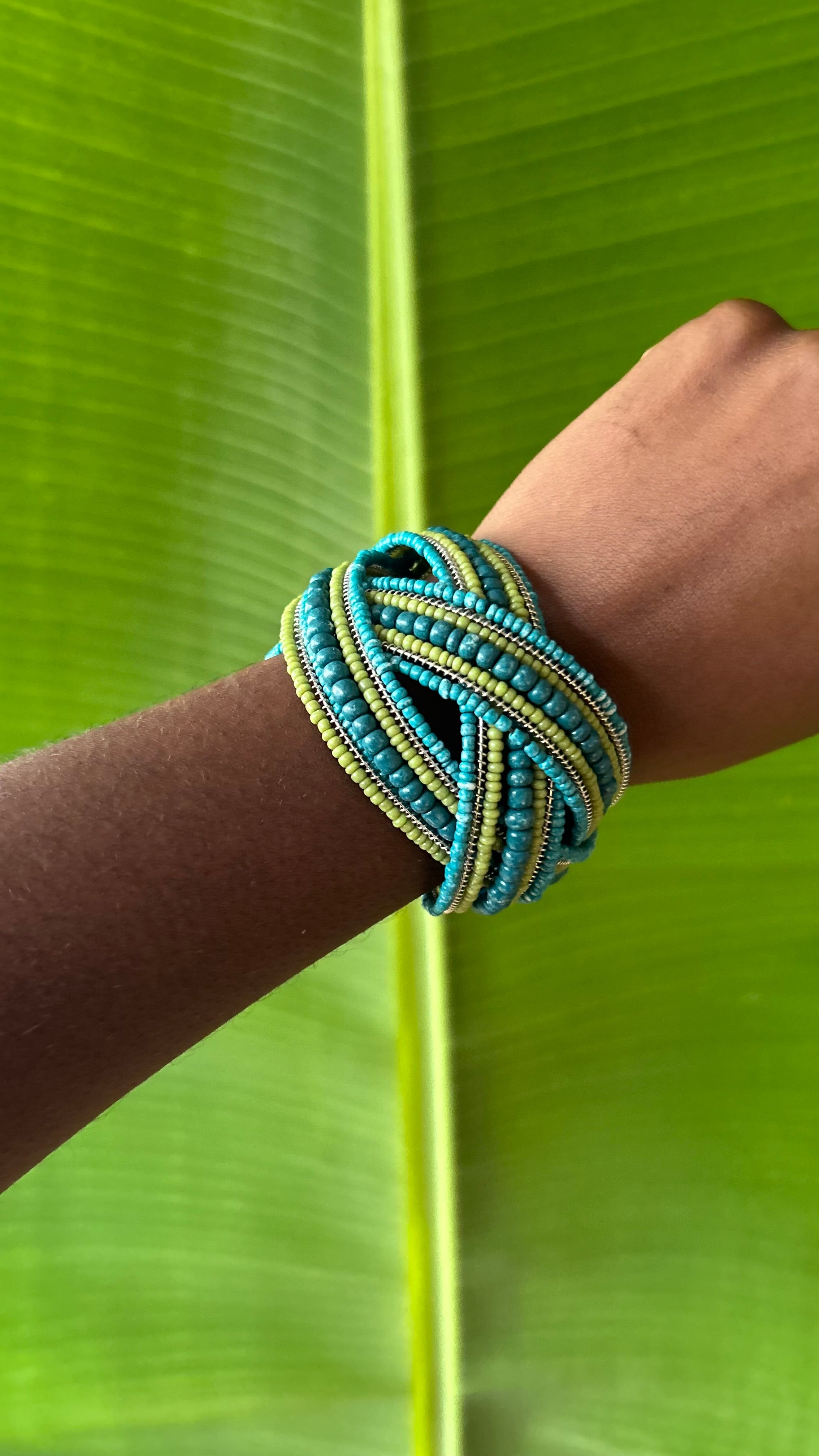 Blue green beaded cuff
