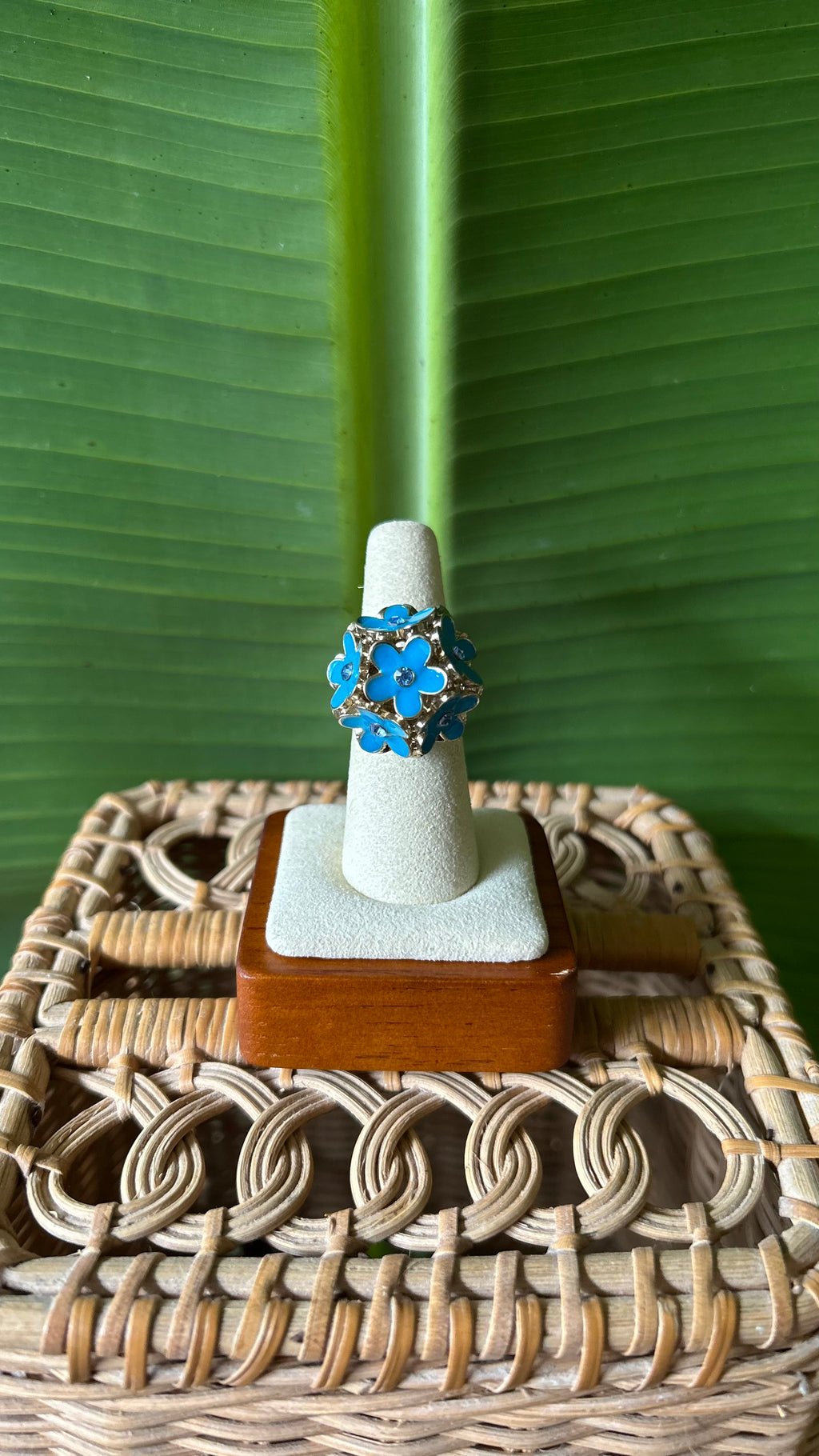 Blue floral adjustable ring