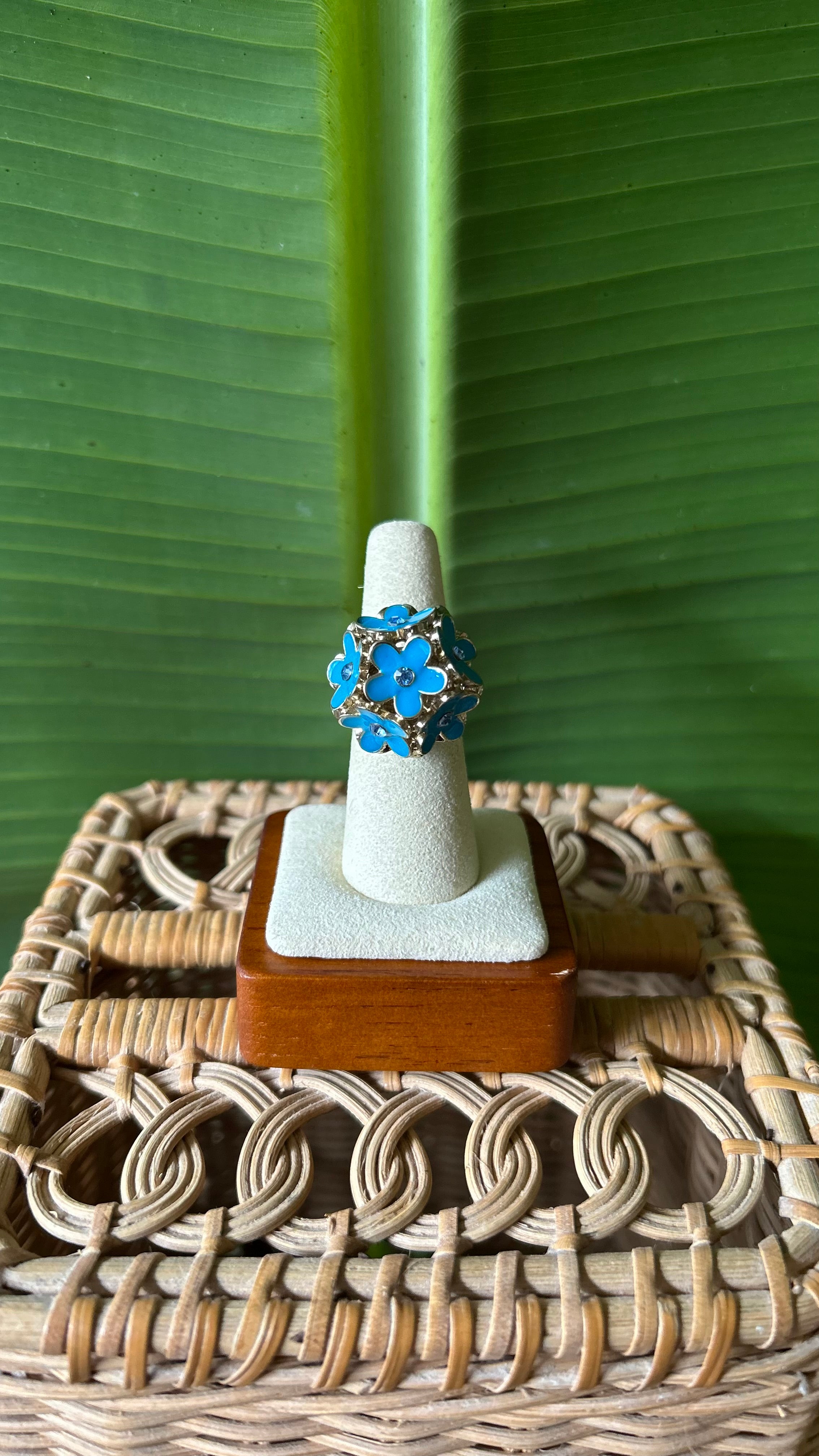 Blue floral adjustable ring