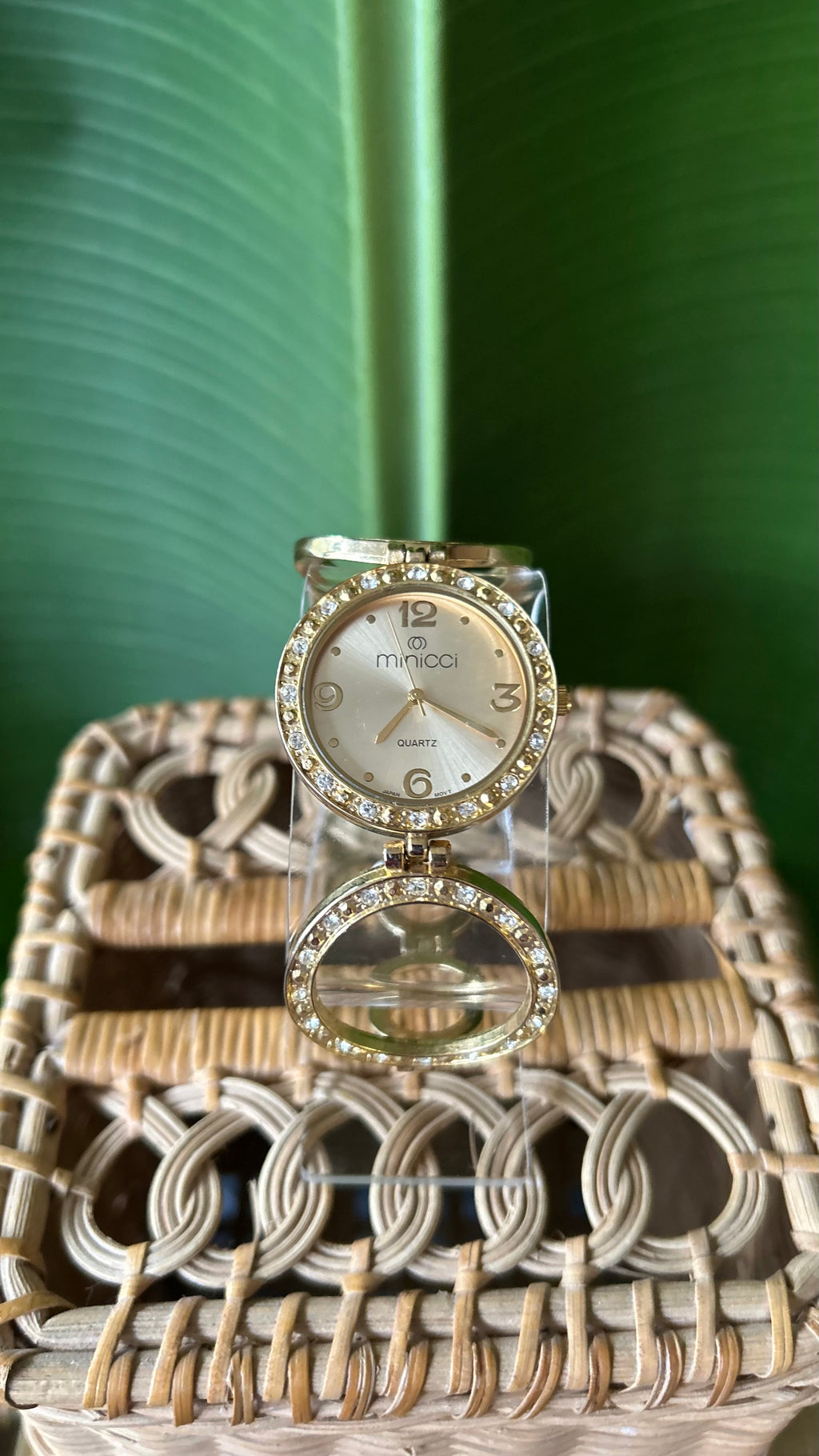 Y2K Minicci Quartz Gold Watch w Crystal Bezel