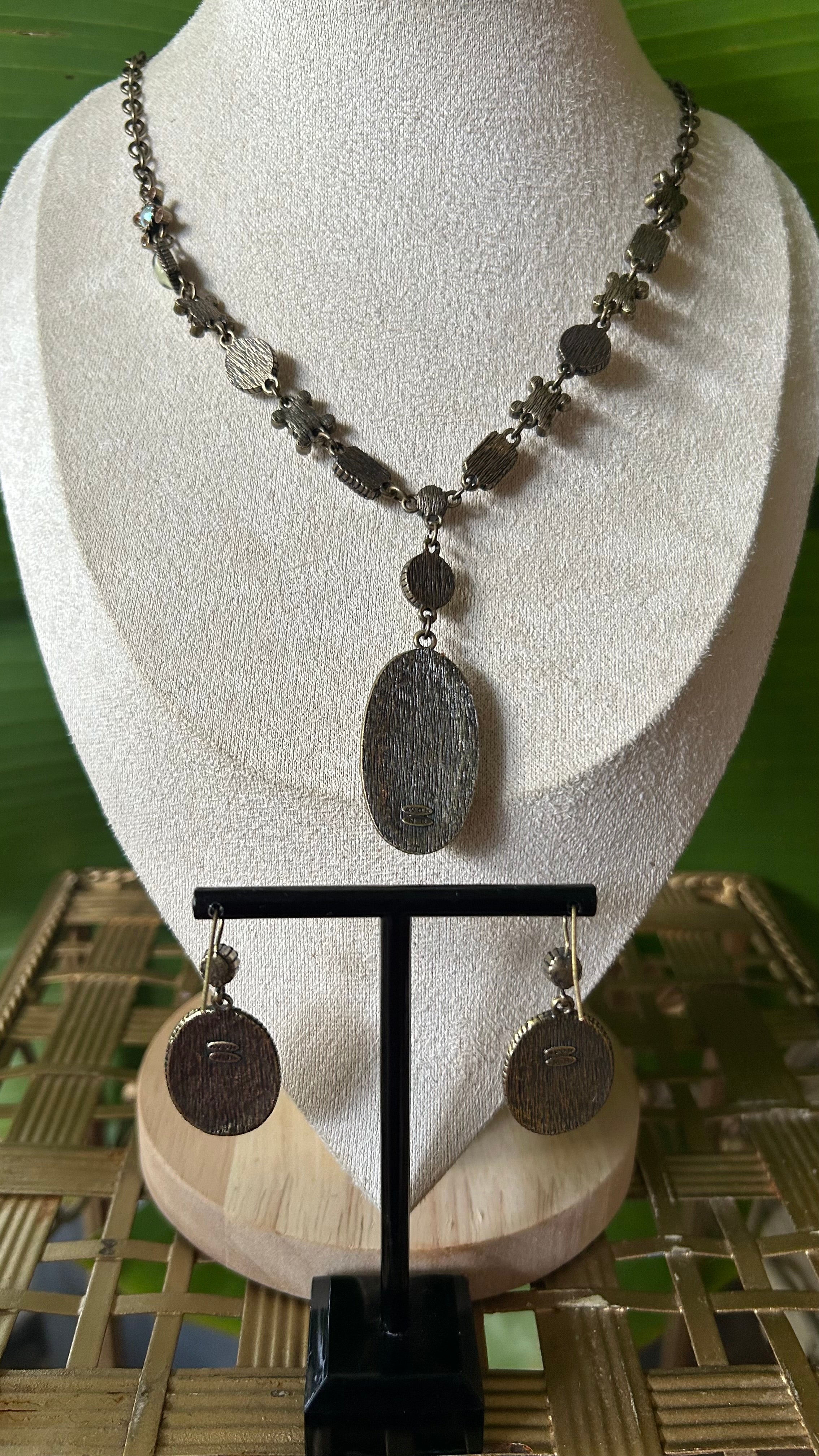 Signed AVON Bronze Tone Metal, White Stones, AB Crystals Necklace earring set