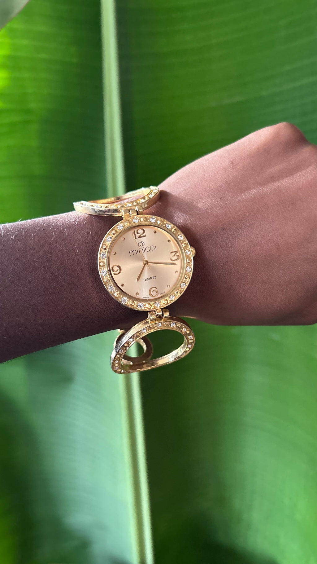 Y2K Minicci Quartz Gold Watch w Crystal Bezel