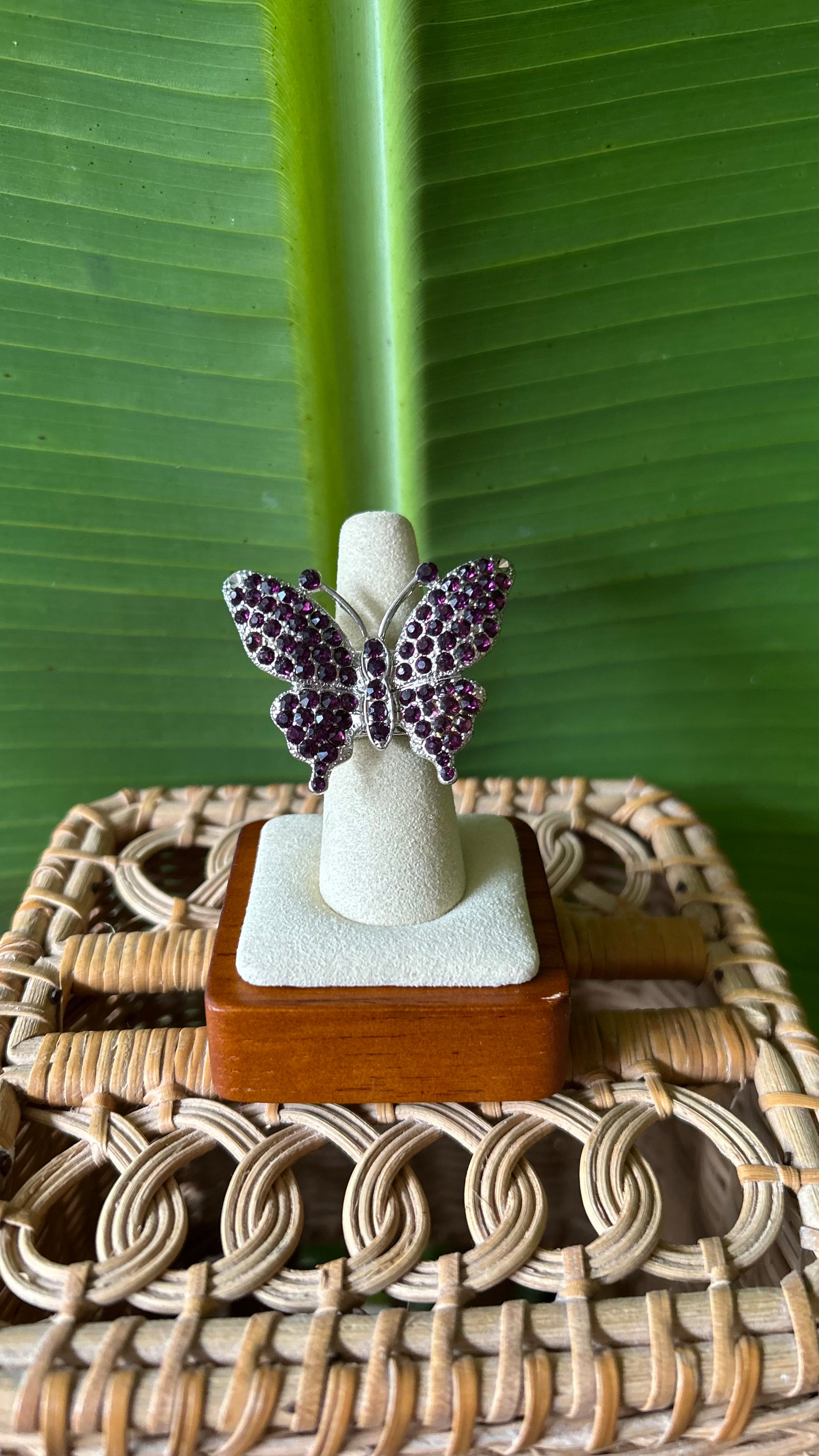 Purple Butterfly rhinestone stretch ring