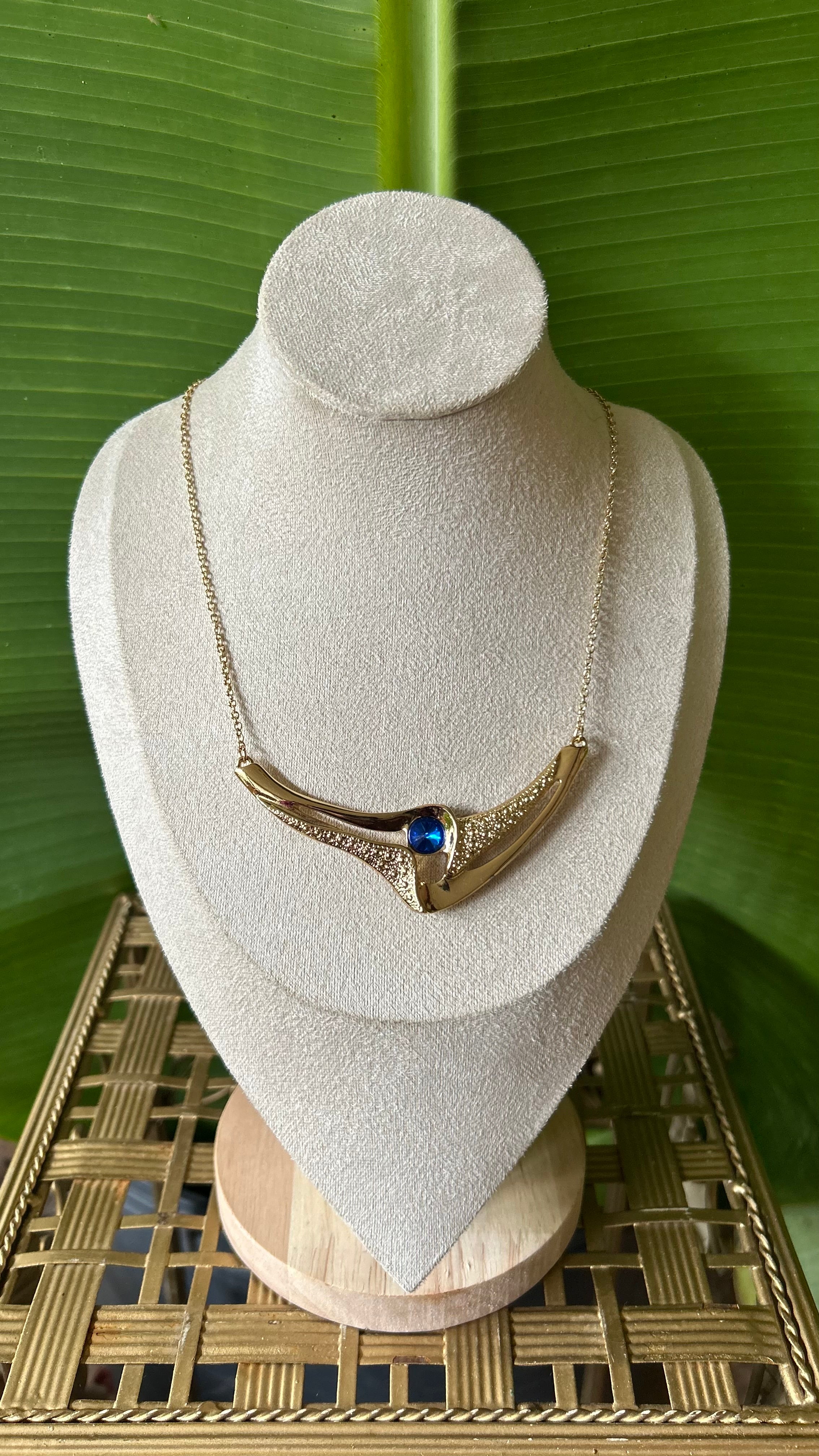 80s Vintage Gold Sculptural Necklace with Sapphire-Blue Accent