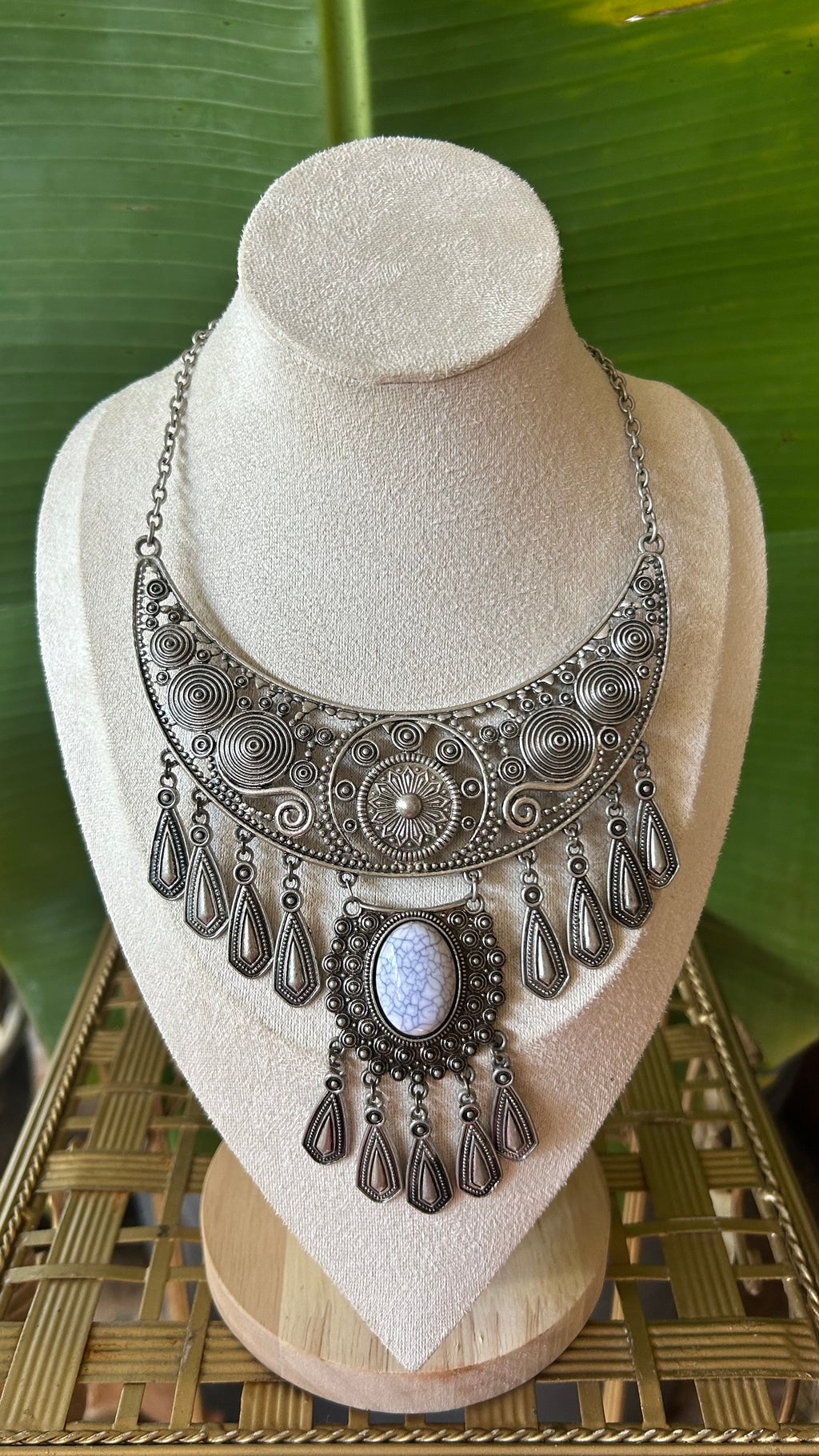 Bohemian Silver Bib Necklace with Fringe Drops