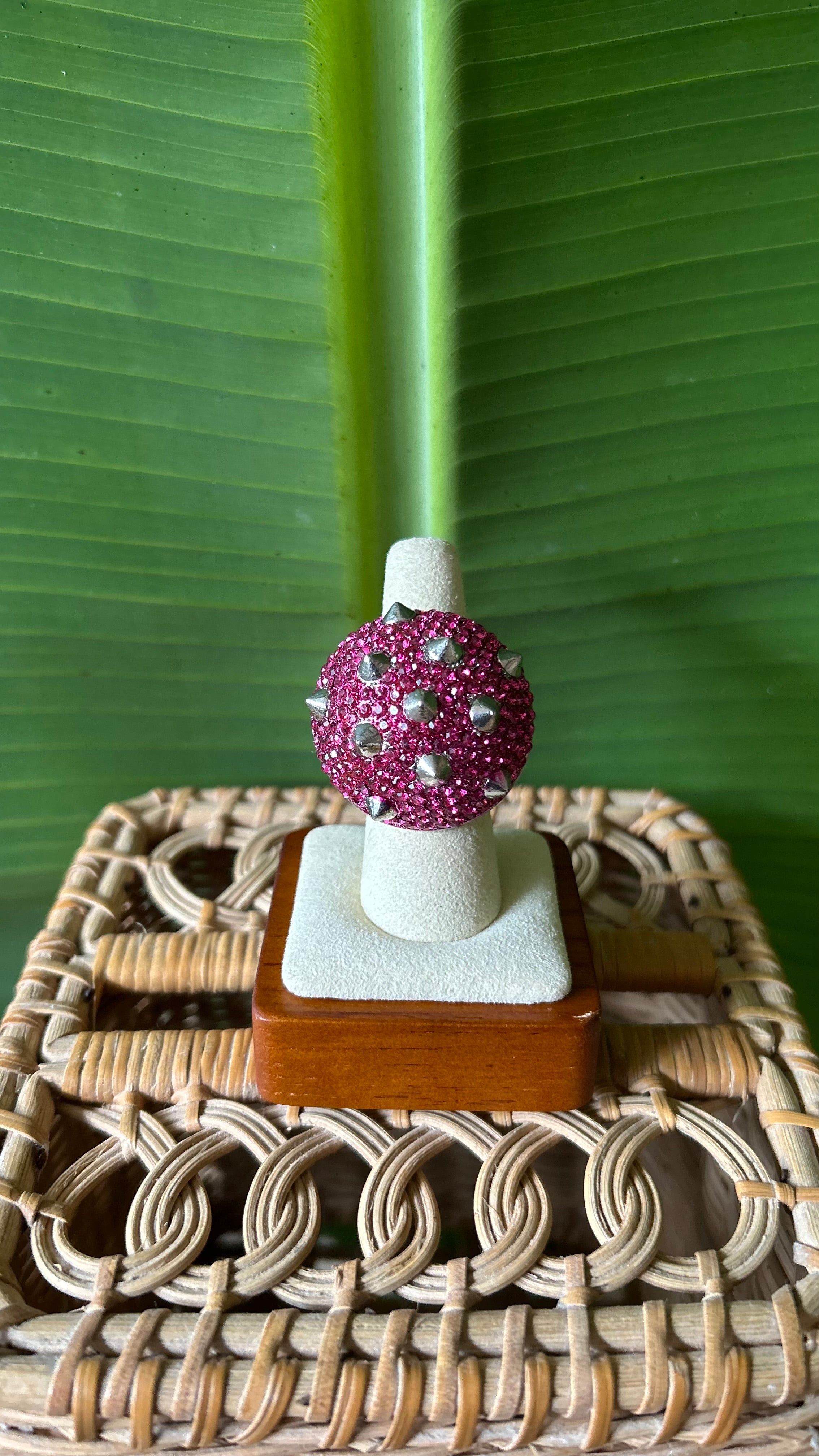 Pink Spike rhinestone ball stretch ring