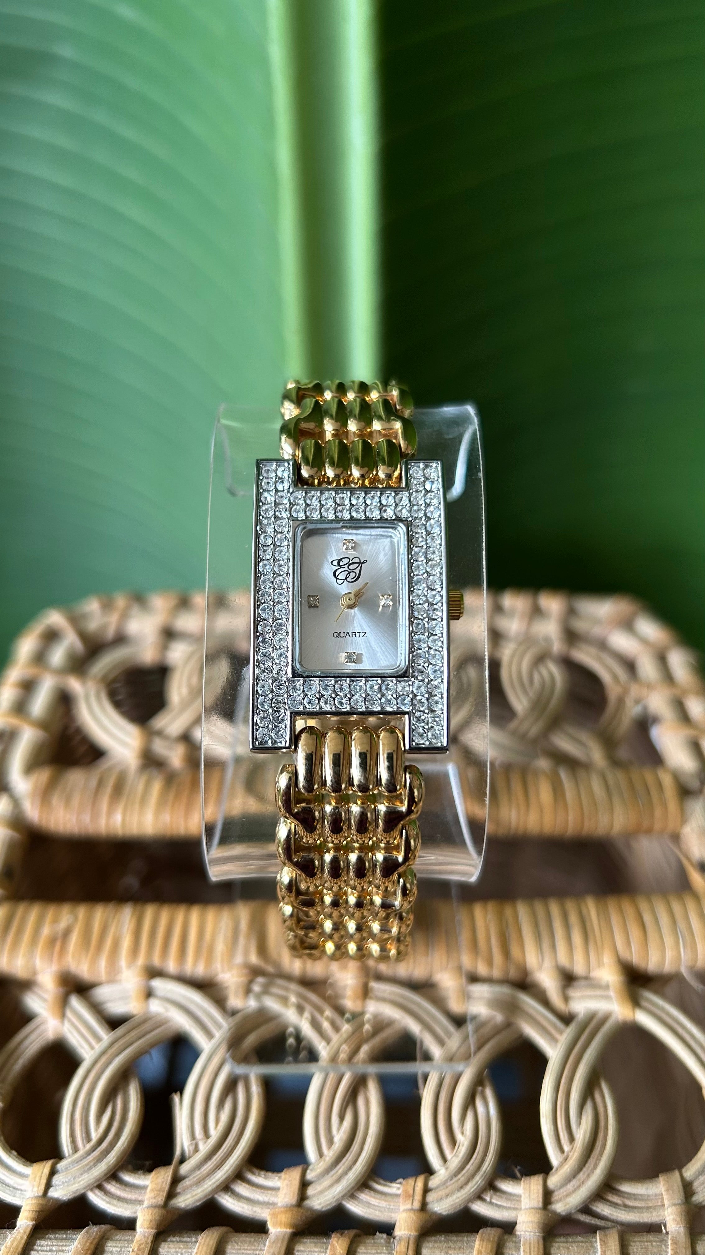 EJ Gold rhinestone White Quartz Watch