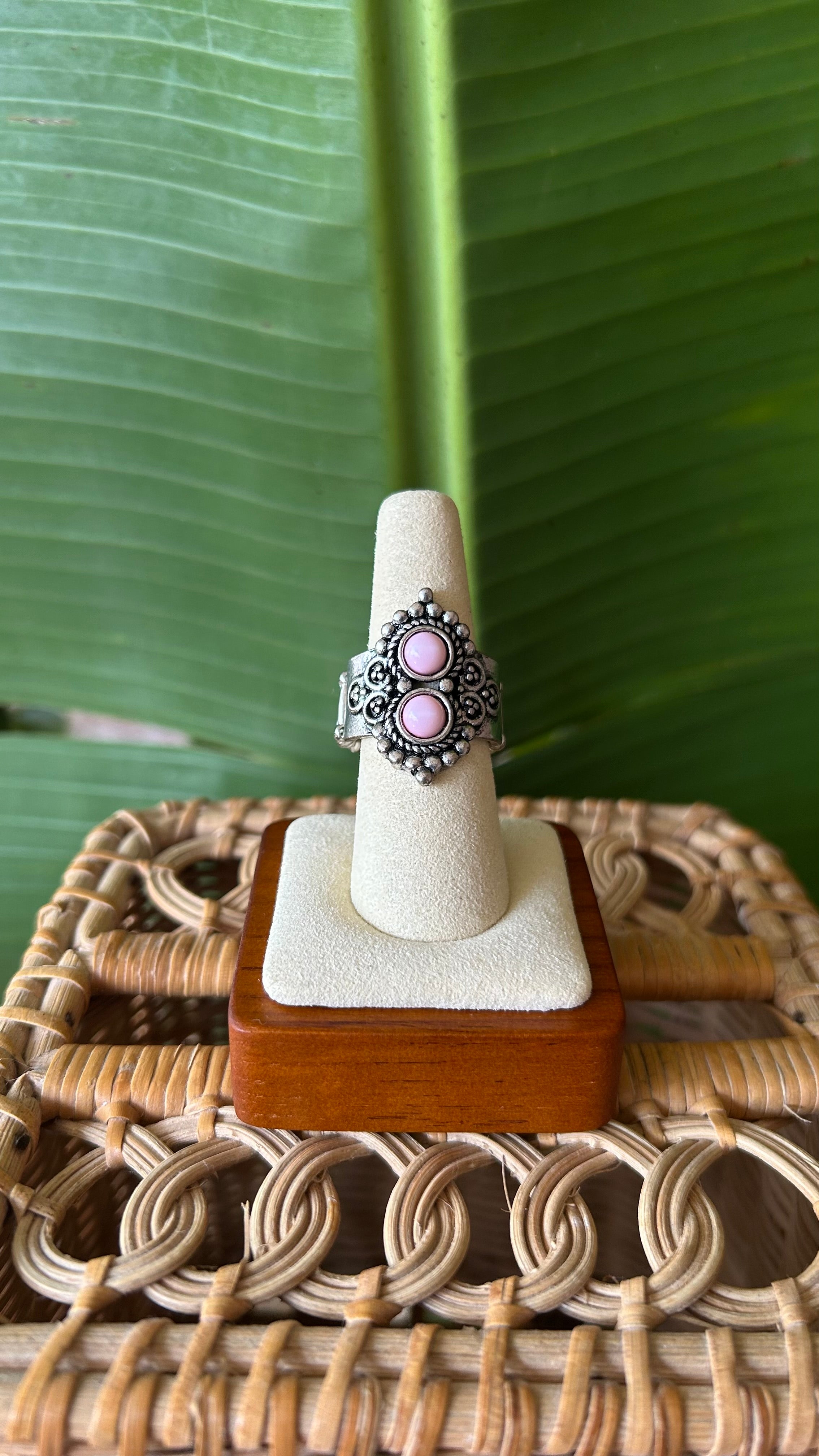 Pink silver boho stretch ring