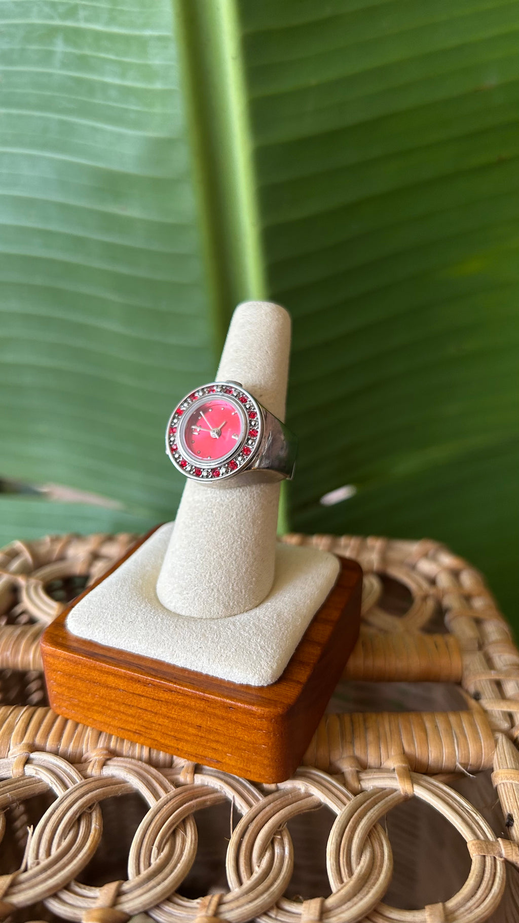 Red crystal watch silver ring