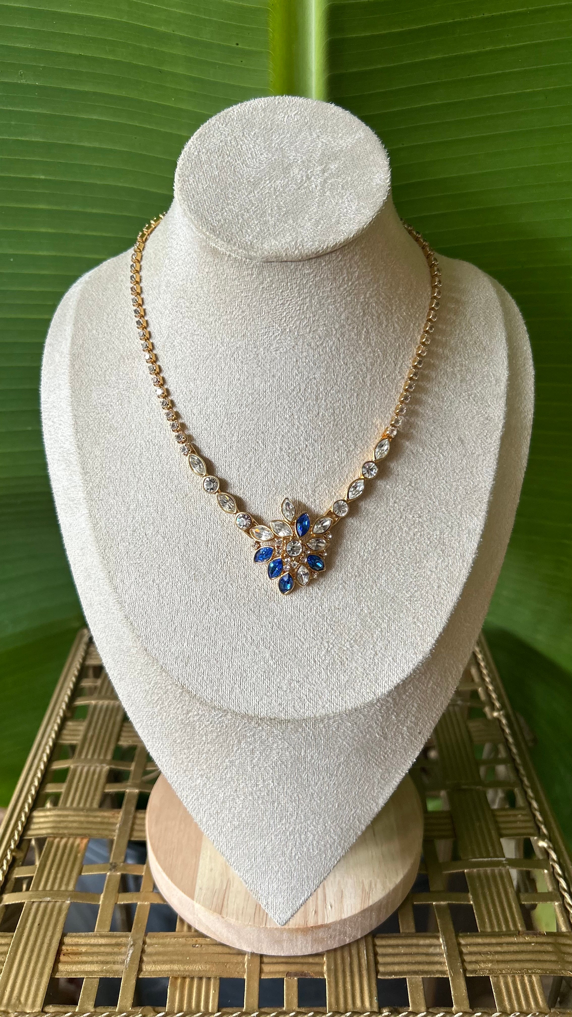 MONET 90s Vintage Statement Necklace – Gold-Tone Chain with Sapphire Blue Rhinestones
