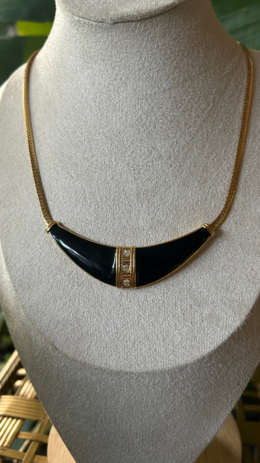 90s vintage black gold enamel rhinestone necklace